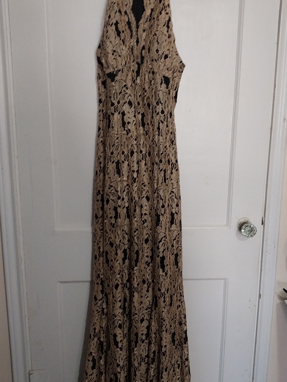 NightWay Mettalic Gold Black Tan Lace Halter Neck Gown Maxi Dress Sz. 10 Long71"